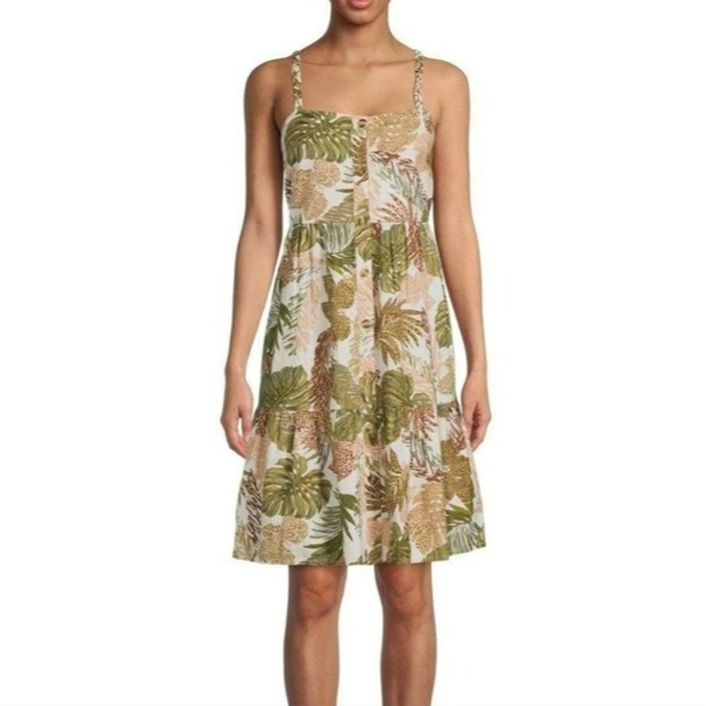 Beach Lunch‎ Lounge Womens Tropical Print Linen Blend Front Button Dress Large
